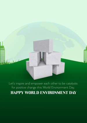 Stack of white blocks representing building blocks with a green landscape and cityscape in the background, with text celebrating World Environment Day.