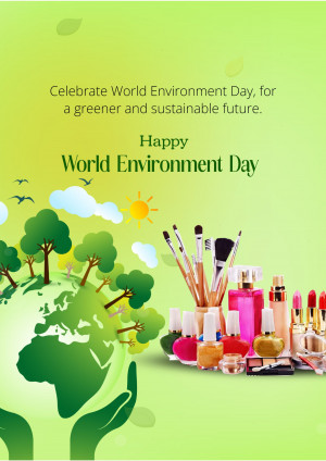 World Environment Day graphic with Earth, trees, sun, and beauty products.