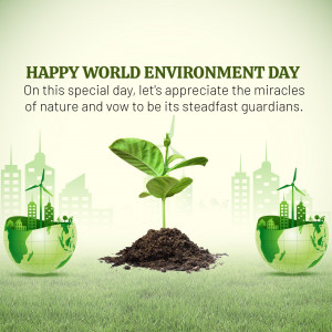 World Environment Day greeting with a plant growing from soil and globes representing a sustainable city.