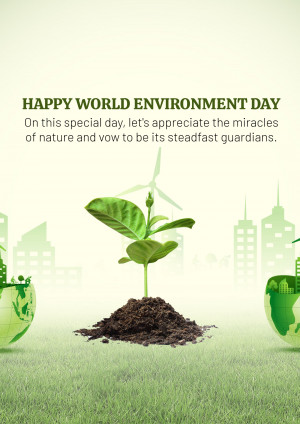 World Environment Day greeting with a plant growing from soil and a cityscape in the background.
