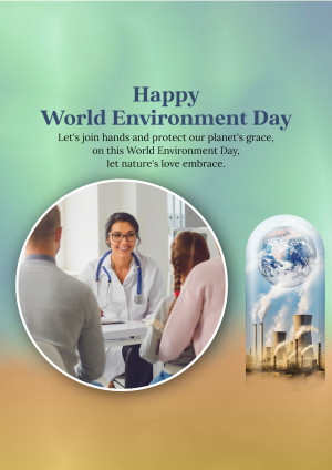 World Environment Day graphic with doctor and patient and Earth in factory smoke