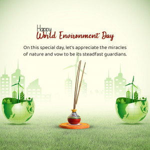 World Environment Day greeting with Earth globes and wind turbines
