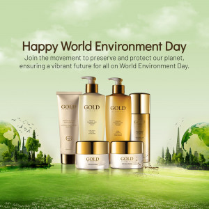 World Environment Day promotion featuring gold cosmetic products and a green earth background.