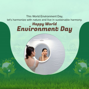 World Environment Day graphic with a woman looking at her reflection in a circular frame surrounded by nature elements.