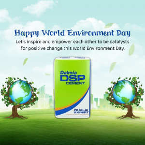 World Environment Day promotion featuring Dalmia DSP Cement with globes and greenery.