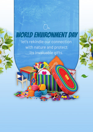 World Environment Day poster with recycled materials and floral decorations.