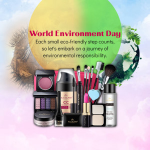 World Environment Day promotion featuring eco-friendly cosmetics and a nature background.