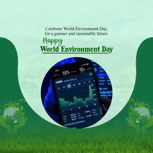 World Environment Day graphic with a phone displaying a green graph and hands holding the Earth.