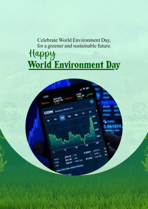 World Environment Day graphic with a phone displaying financial data and green foliage.