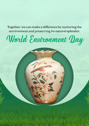Decorative vase with floral and bird design on a green background for World Environment Day