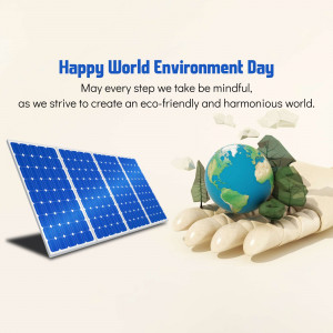 World Environment Day graphic with solar panels, Earth in hands, and trees