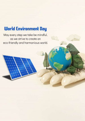 Image depicting World Environment Day with a globe in a hand and solar panels.