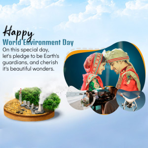 World Environment Day greeting with a couple and environmental elements.