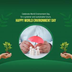 World Environment Day celebration with hands holding plants and a person protecting figures with an umbrella.