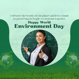 A woman smiling and giving a thumbs up in front of a chalkboard with equations, celebrating World Environment Day.