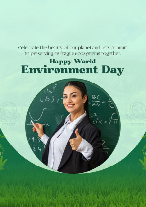 Woman teacher pointing at a chalkboard with equations, celebrating World Environment Day.