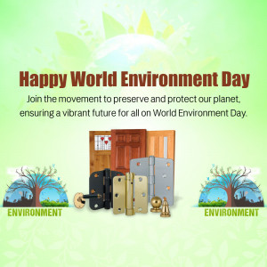 World Environment Day graphic with trees, a sun, and images of sustainable materials.