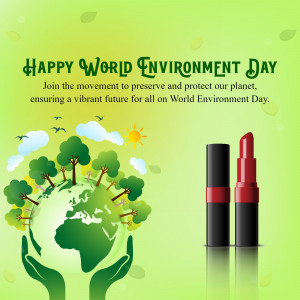 World Environment Day graphic with Earth in hands and cosmetic products.