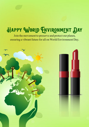 World Environment Day graphic with Earth, trees, sun, and lipstick tubes.