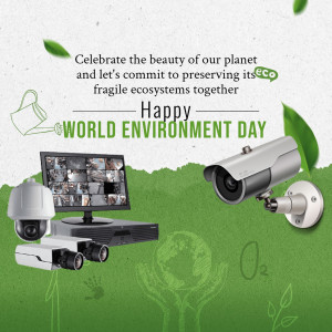 World Environment Day graphic with security cameras and eco-friendly elements.