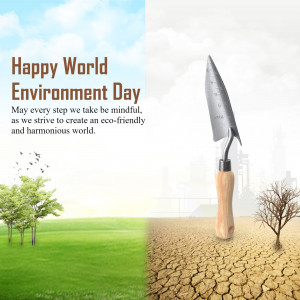 World Environment Day graphic with a trowel and contrasting landscapes.