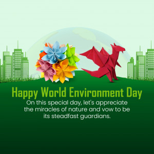 Origami flowers and a dragon with the text 'Happy World Environment Day'