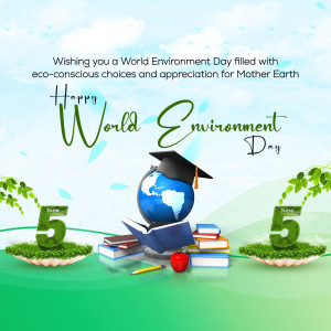 World Environment Day illustration with globe, books, and graduation cap