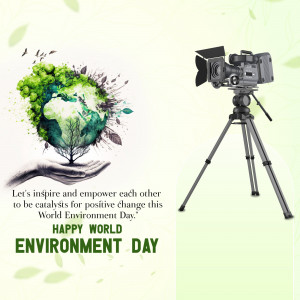 Image depicting a camera on a tripod with a green earth and leaves, promoting World Environment Day.