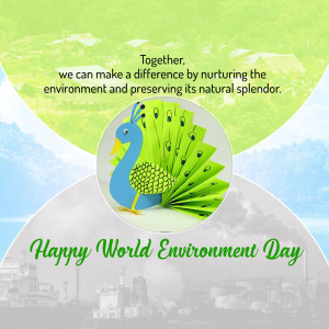 A colorful paper peacock with a green and blue color scheme, set against a backdrop of Earth and text celebrating World Environment Day.