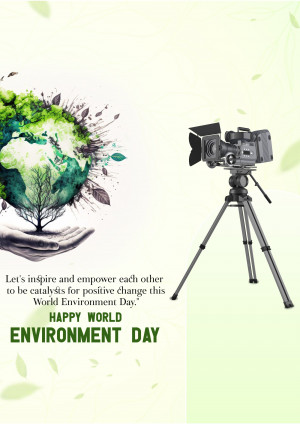 A digital illustration of a globe formed by a tree and leaves, held in hands, with a film camera on a tripod, promoting World Environment Day.