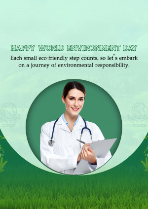 Woman doctor with stethoscope and clipboard on a green World Environment Day background.