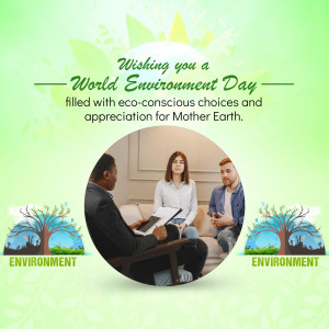 World Environment Day graphic with people discussing and nature elements.