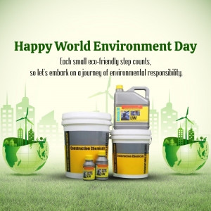 World Environment Day promotion featuring eco-friendly construction chemicals and a sustainable cityscape.