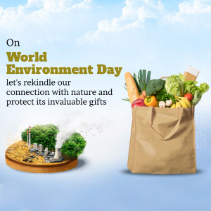 Image depicting fresh produce in a reusable bag with a background representing environmental concerns and solutions.