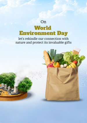 World Environment Day poster with groceries, nature, and industrial pollution imagery.