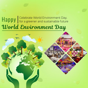 World Environment Day celebration graphic with Earth in hands and sustainable imagery.