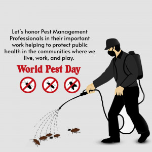 Illustration of a pest control worker spraying insecticide with text celebrating World Pest Day.