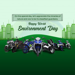 Image depicting motorcycles against a green landscape with a World Environment Day message.