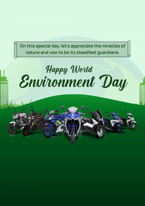 World Environment Day graphic with motorcycles and a green landscape.