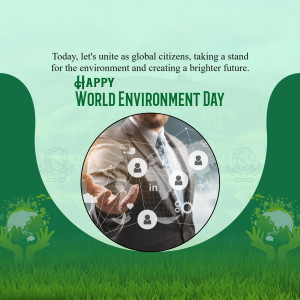 World Environment Day graphic with a person holding digital icons representing global connection and sustainability.