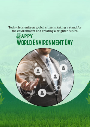 World Environment Day graphic with a person holding a network of icons representing global connection and sustainability.