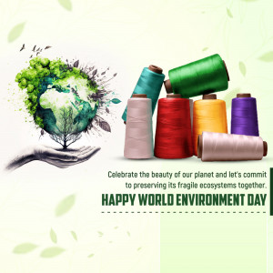 World Environment Day graphic with Earth in hands and colorful spools of thread.