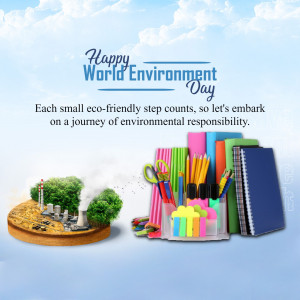 World Environment Day graphic with stationery and a miniature eco-friendly landscape.