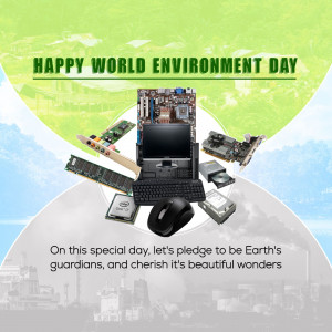 Image depicting electronic waste components arranged on a globe with the text 'Happy World Environment Day'.
