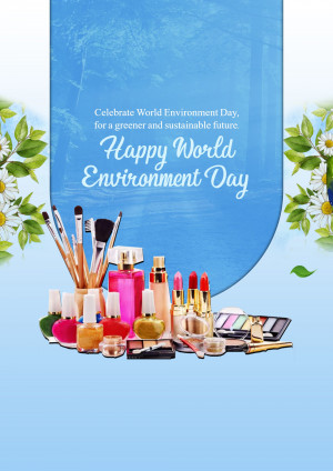 World Environment Day graphic with makeup products and floral elements.