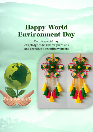 World Environment Day greeting with Earth in hands and decorative flower hangings