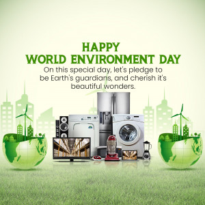 World Environment Day graphic with appliances and a green cityscape