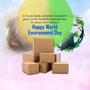 World Environment Day graphic with Earth, boxes, and text.