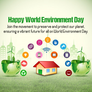 World Environment Day graphic with a house, globe, and eco-friendly icons.
