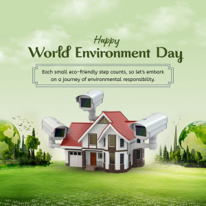 World Environment Day graphic with a house surrounded by security cameras and globes.